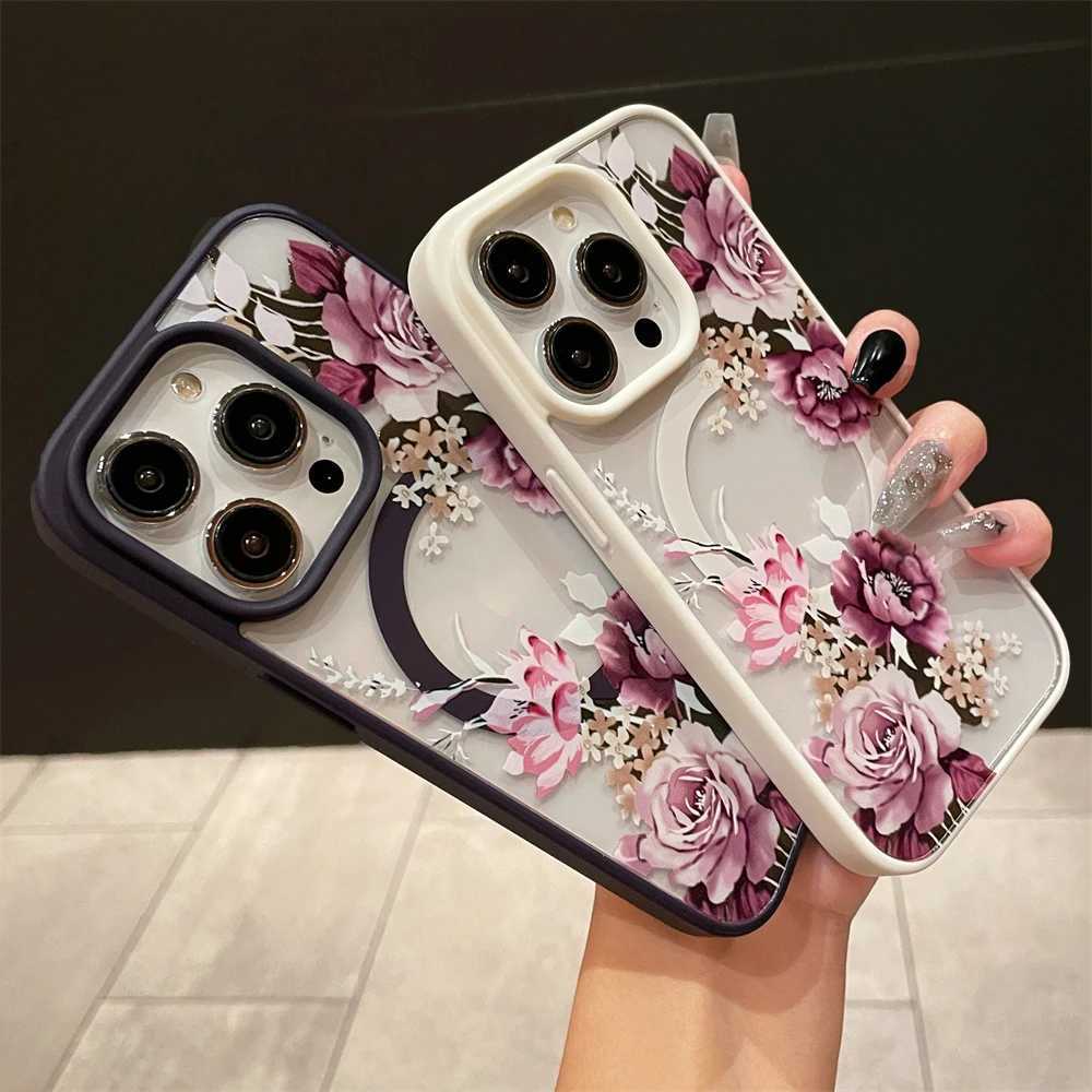 Mobiltelefonfodral lyx Retro Floral Magnetic Magsafe Wireless Charging Case Lämplig för iPhone 15 11 13 14 Pro med maximal transparent chockabsorbering J240426