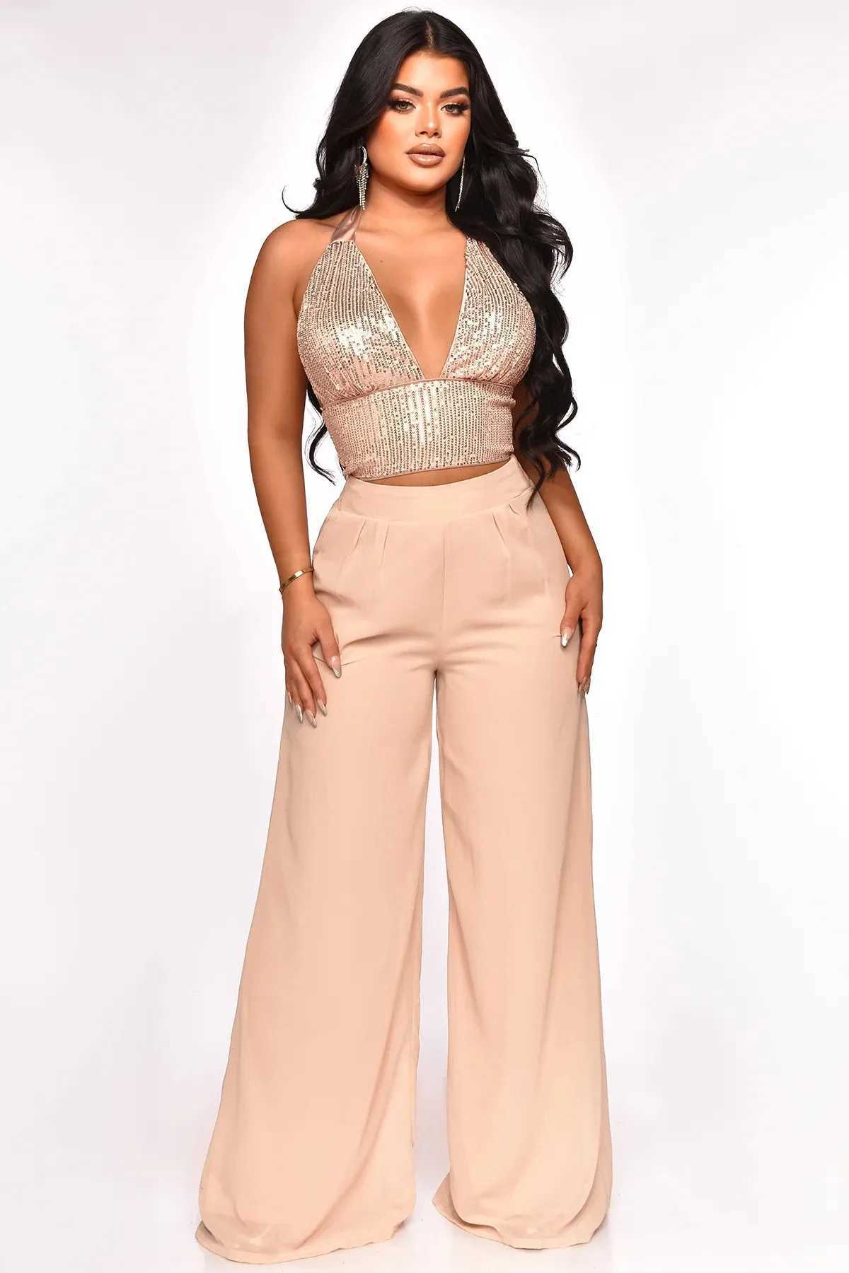 Women's Two Piece Pants Spring Summer Sexy Two Piece Set Women Fashion Sequins Halter Tank Top Wide Leg Pants Two Piece Set Women Y240426