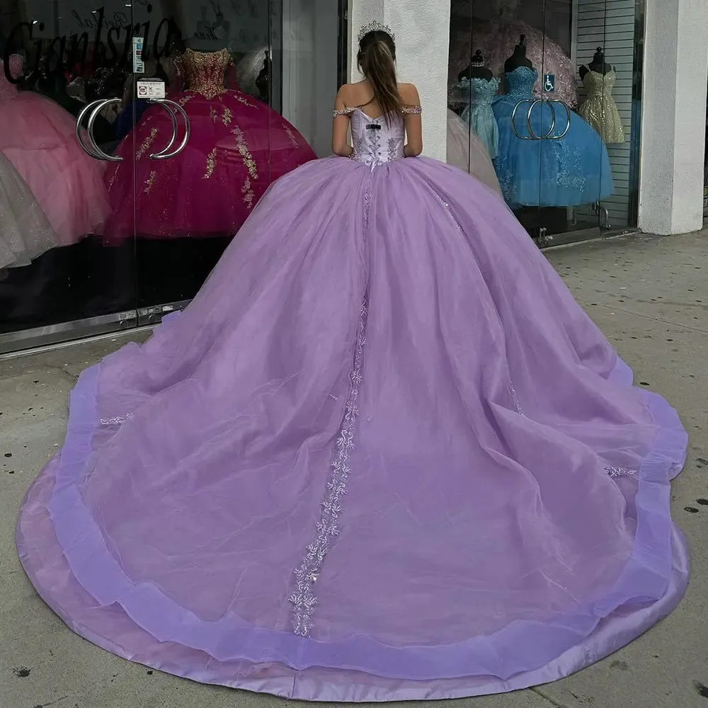 Perles lilas de perles en cristal robe quinceanera robes sur les applications épaules dentelle sweet 16 vestidos de 15 anos