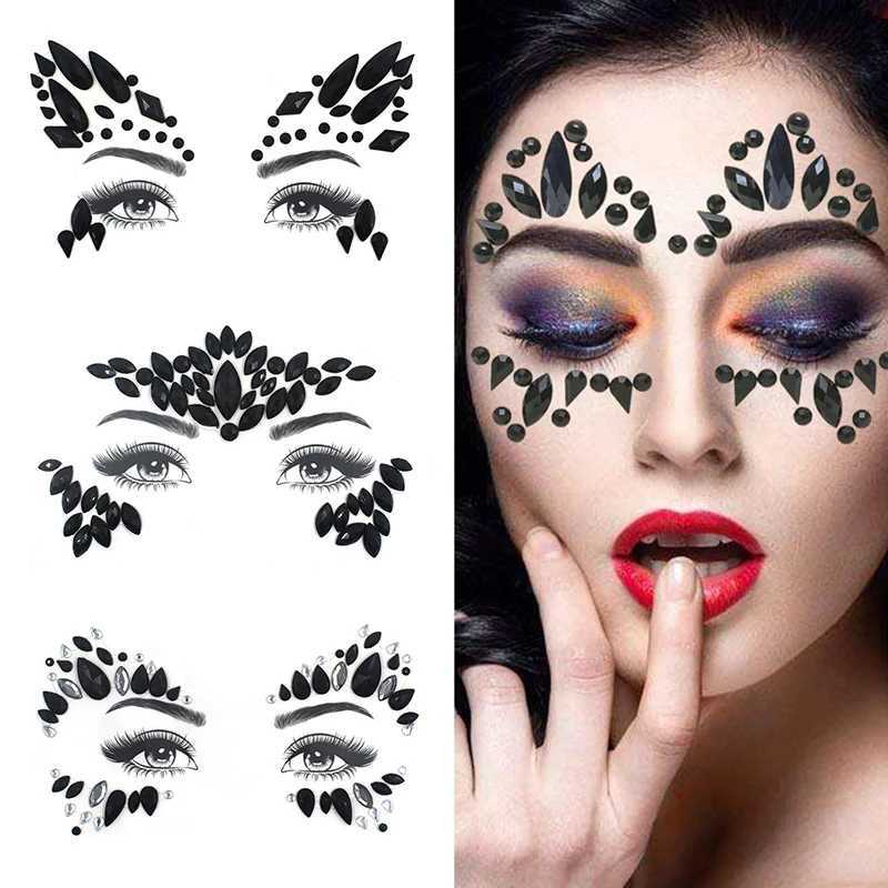 Tattoo Transfer Black 3D Crystal Face Stickers Festival Jewel Rhinestone Adhesive Temporary Tattoo Sexy Body Art Shiny Tattoo Gem Beauty Sticker 240427