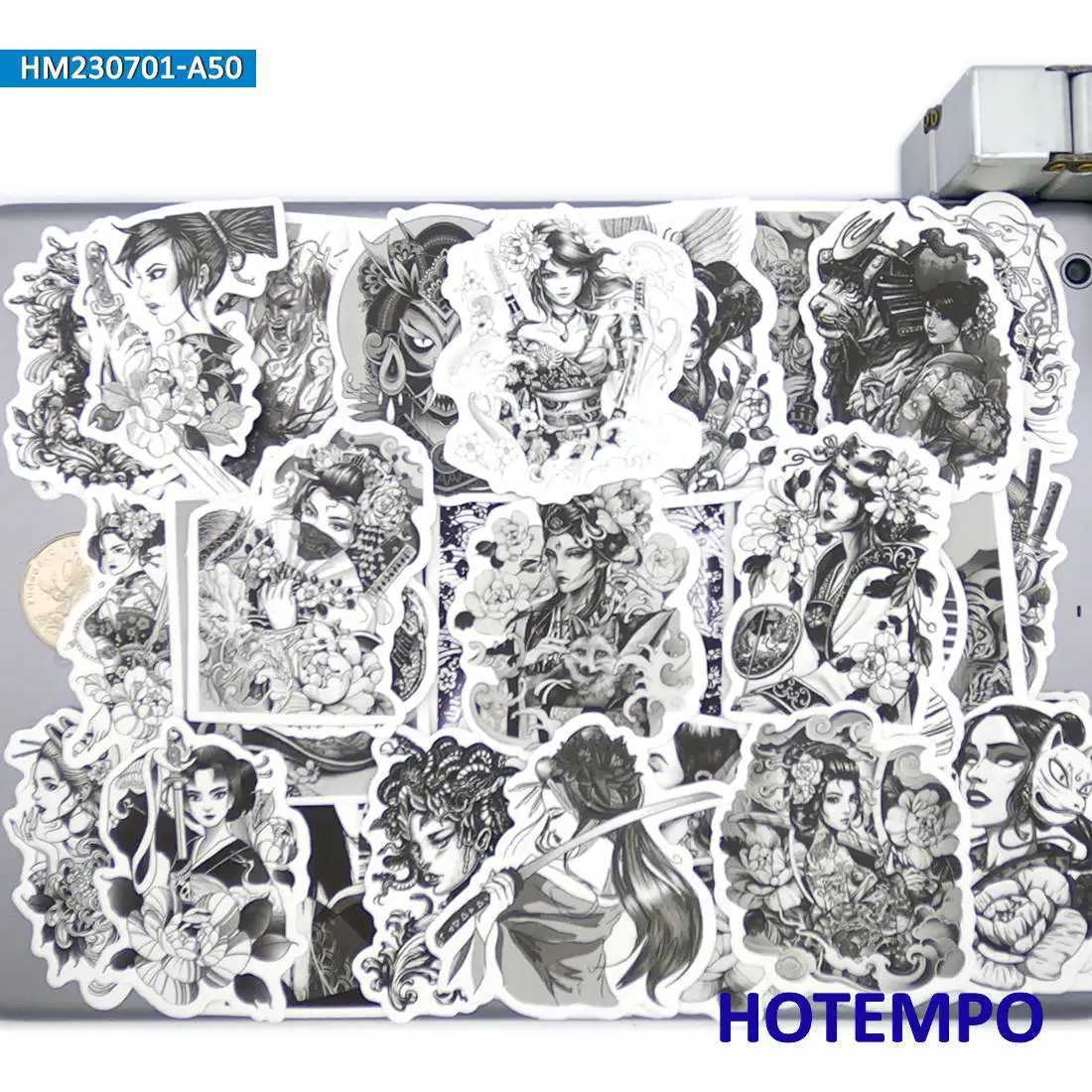 Tattoo Transfer 20/30/svart vit stil ukiyo-e geisha tatuering flickor klistermärken för motorcykel bilcykel bagage telefon bärbar datorklistermärke 240426