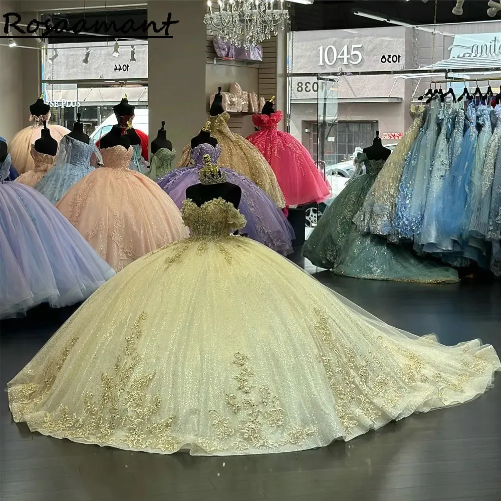 Jasnożółty iluzja brokat krystaliczna suknia balowa quinceanera ubiera się od aplikacji barkowych koronkowe gorset vestidos de 15 ano