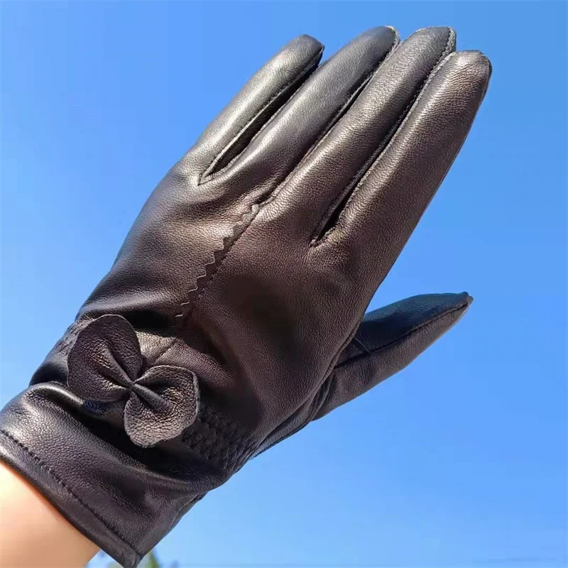 Guantes de cuero genuinos de mujer Guantes de oveja roja Guantes de otoño e invierno Guantes a prueba de viento femeninos