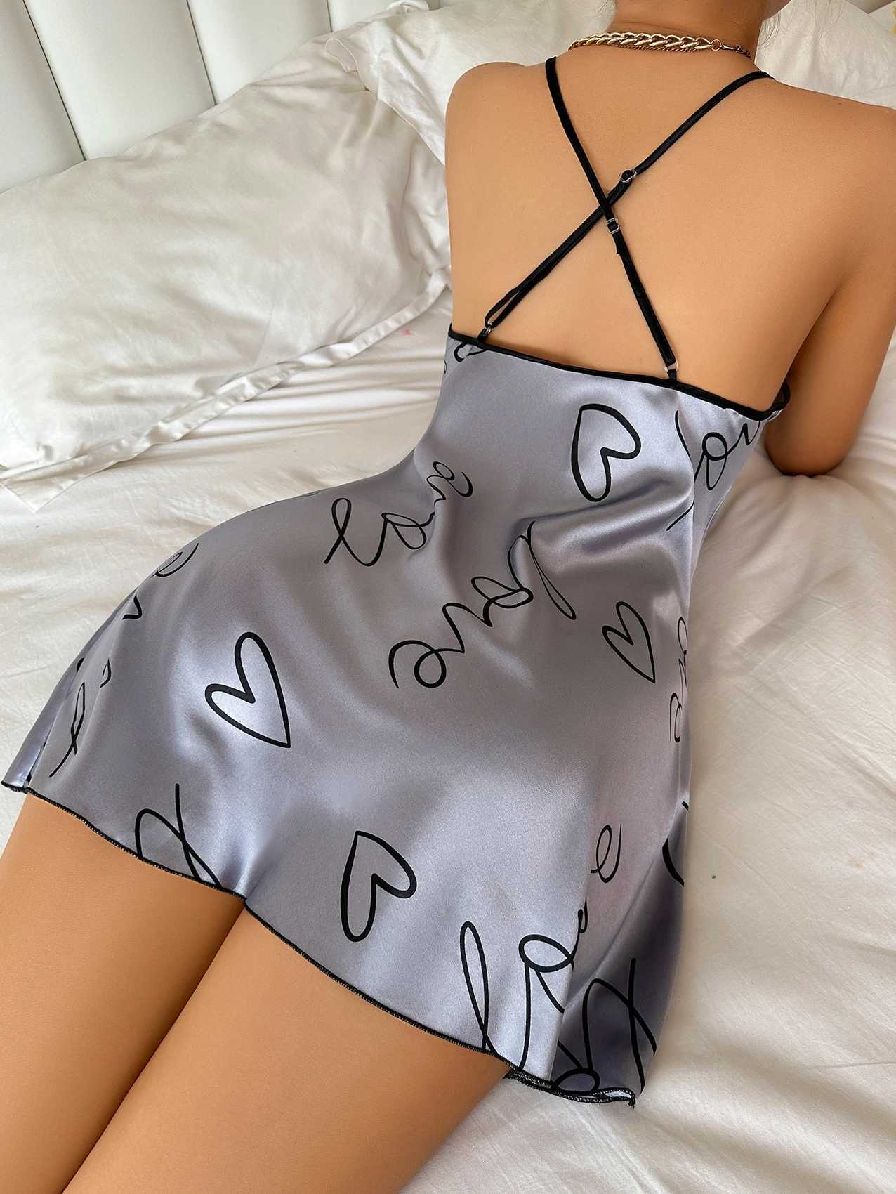 Women's Sleepwear Summer New Ice Silk Slip U-Neck Nightdress Mini Dresses Sexy Backless Pajama Womens Pajama Thin Breathable Print Slip Dress Y240426