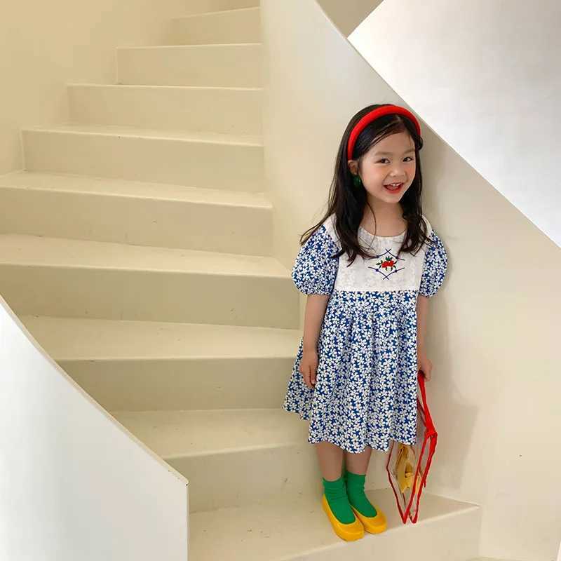 Sukienki dla dziewczyn Summer New Girl Sukienka Koreańska haft w kwiatowy krótki rękaw ubrania o nokół H240509