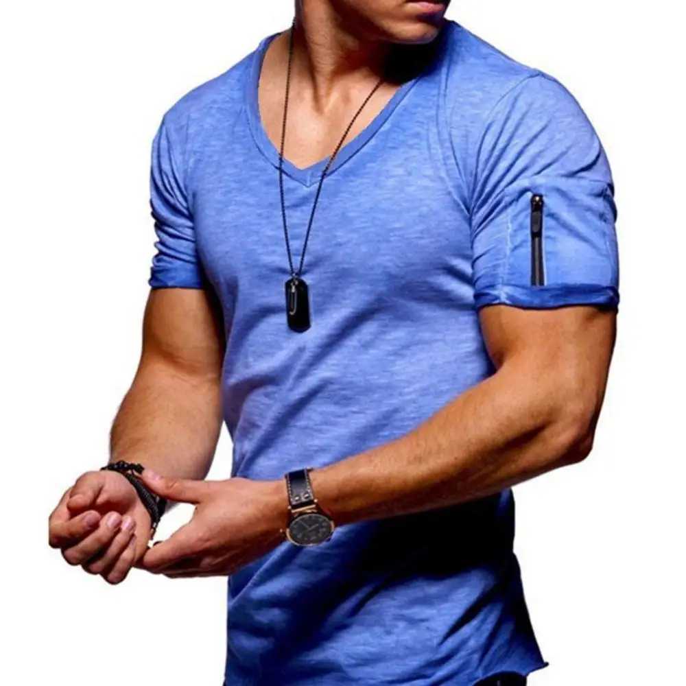 Męskie koszulki T-sens T-shirt Solid Kolor Pocket Pocket V-Neck z krótkim rękawem Zestaw T-shirt w Style T-shirt w rozmiarze Top Top 2021 J240426