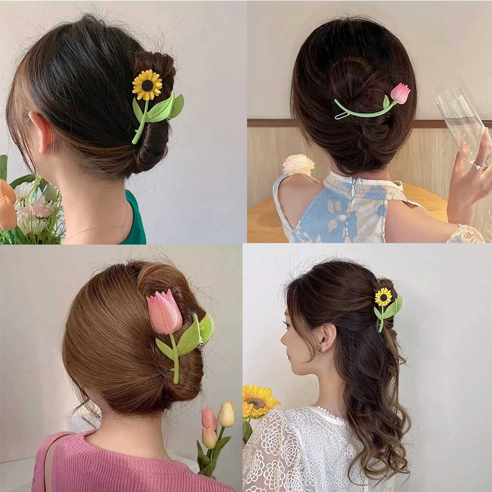 Zaciski Kobiety Tulip Flower Hair Clips Słonefrower Metal HairPins Makiup Hair Styl