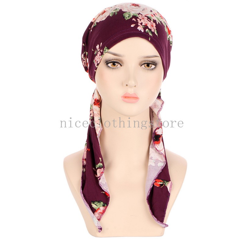 Women Chemo Cap Pre-Tied Turban Muslim Hijab Print Headscarf Hair Loss Beanies Bonnet Hat Scarf Wrap Femme Musulman Foulard Hats