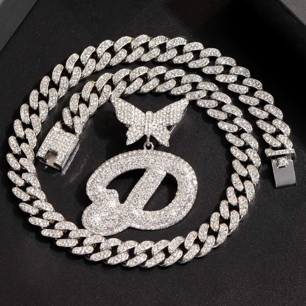 خيوط Iced Out Cuban Link Chain Butterfly Letter Necklace Womens Farming Silver Miami Name Netlace Netclace Jewelry 240424