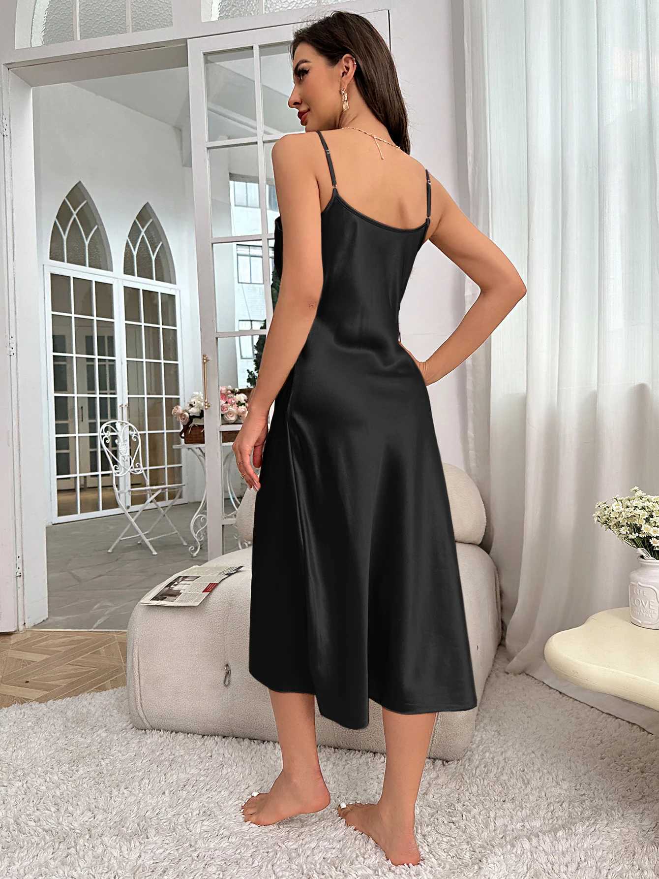 Frauen Nachtwäsche Solid Satin Night ihn sexy v Hals Spaghetti -Gurt Slip Kleid Damen Slpwear Kleider Y240426