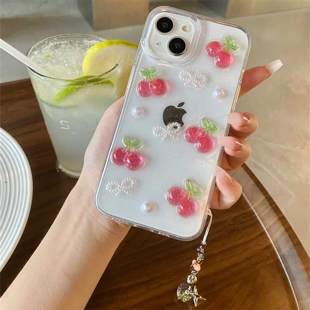 Case di telefonia cellulare Cute 3D Cherry Pearl Bow Strawberry Sust Soft Shell Adatto iPhone 15 14 Pro Max 13 12 11 Xs XS XR Mini Shock Transparent Shock Cap J240426