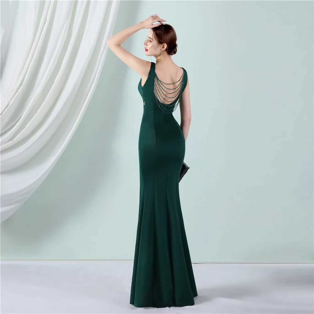 Runway jurken yidingzs grn backless kralen avondjurk vrouwen sexy spleet v nek feest maxi jurk long prom jurk 18585 y240426