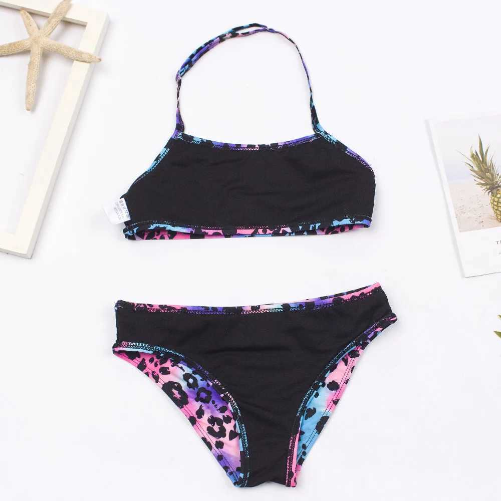 Women's Swimwear 7-14 Years Falbala Leopard Print Girls Kids Swimsuit Swimwear 2023 Kid Summer Bikinis Set Children Halter Biquini Swimming Suit d240424