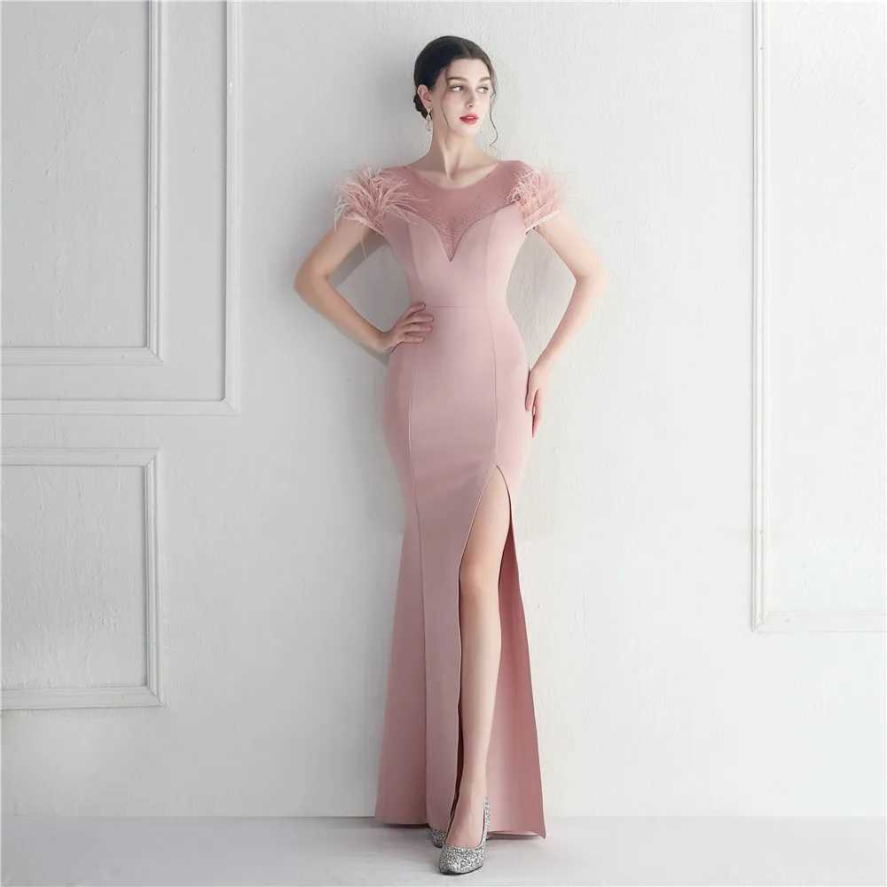 Runway Dresses YIDINGZS 2023 Elegant Feather Long Party Dress Sexy Slit Crystal Dress Floor Length Evening Party Maxi Celebrity Dress Y240426