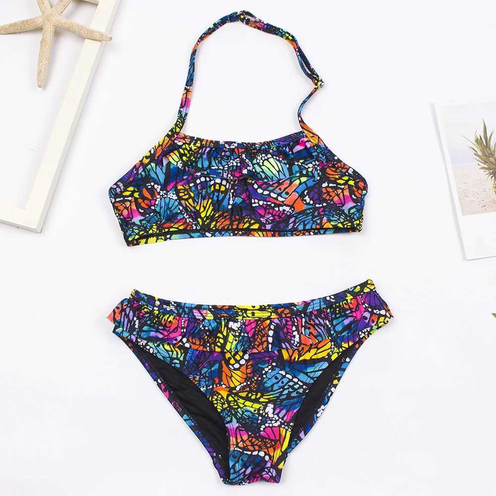 Women's Swimwear 7-14 Years Falbala Leopard Print Girls Kids Swimsuit Swimwear 2023 Kid Summer Bikinis Set Children Halter Biquini Swimming Suit d240424