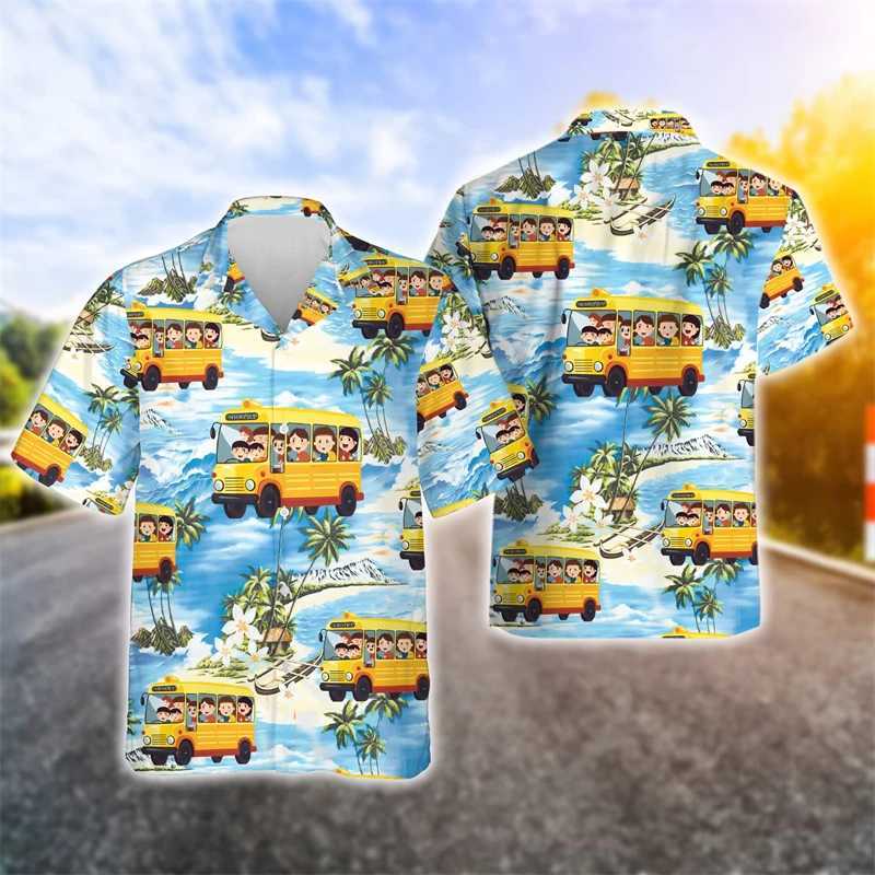 Men's Casual Shirts School Bus 3D Printed Shirts For Men Clothes Cartoon Car Driver Graphic Beach Shirt Funny Gift Aloha Lapel Blouse Hawaiian Tops 240424