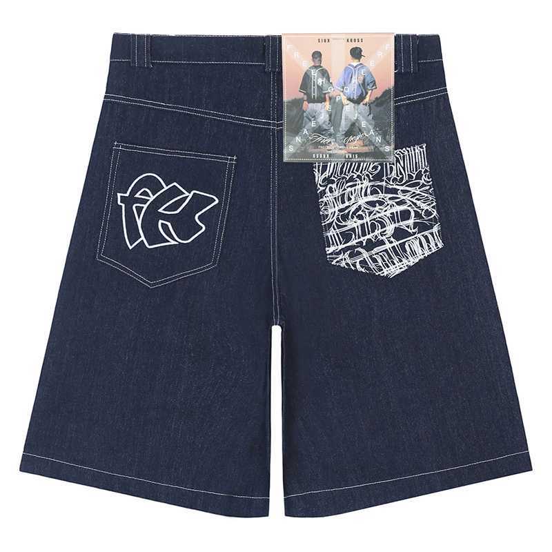 Męskie szorty Hip Hop Kieszonkowy haftowany list z nadrukiem dżinsy na męskie letnie retro ultra szerokie nogi dżinsowe pieki kolanowe 2404