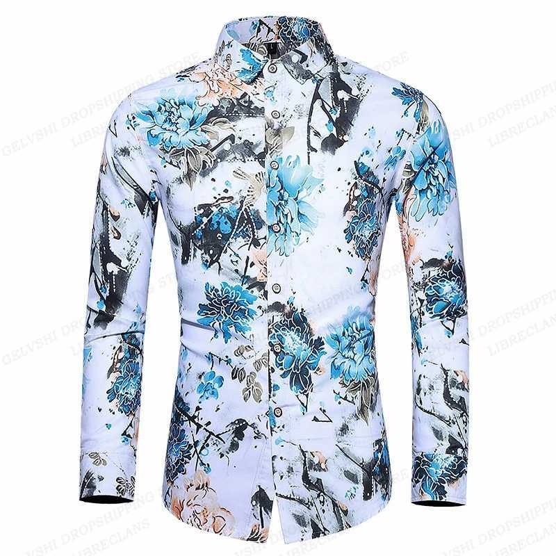 Casual shirts voor heren varen Hawaiiaanse shirts Casual lange mouw shirts heren mode shirt cuba strand blouse heren kleding omdraaien over bloemen camisas 240424