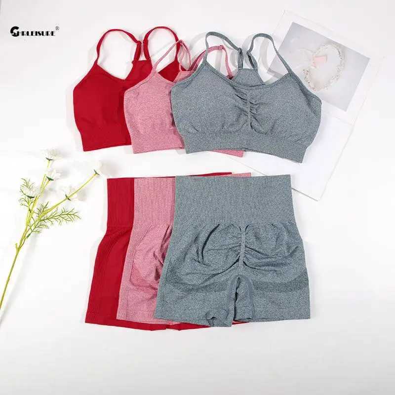 Women's Tracksuits CHREISURE Seamless Sports Set Womens Yoga Set Fitness Bra with Bicycle Shorts Gym Elastic Exercise Set Activity Clothing 240424