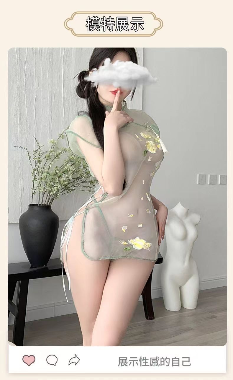 Sexuelle sentimentale lustige Dessous schiere kleine Breasted Cheongsam Pyjamas Uniform Versuchung Eröffnung Ausrüstung Tease Mitternacht Glamour Passion Anzug