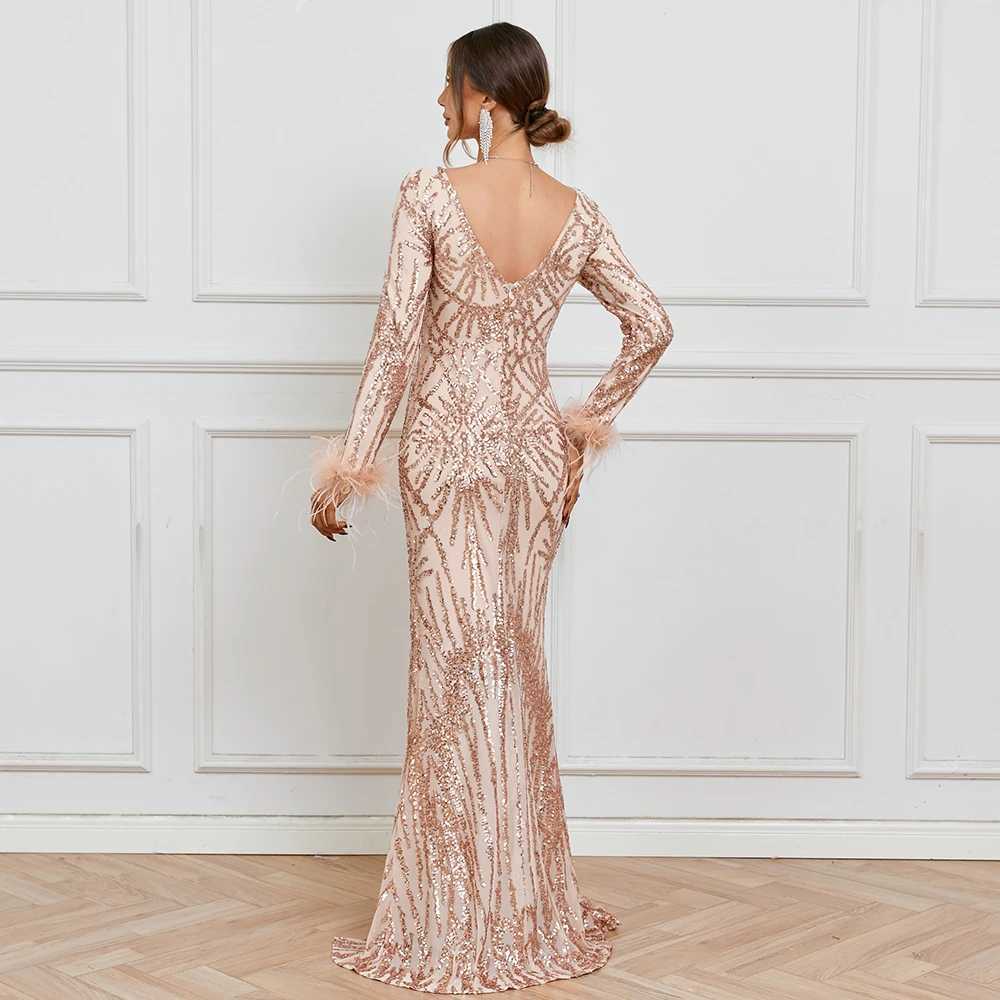 Runway Dresses Elegant Long Slve Sequin Evening Dress Gold Party Maxi Dress Y240426