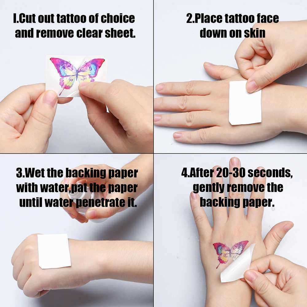 Tattoo -overdracht Kids Glitter Tattoo Sticker Set Cartoon Waterdichte inkt Decal Butterfly Unicorn Dieren Tattoo Decor voor verjaardagsfeestje 240426
