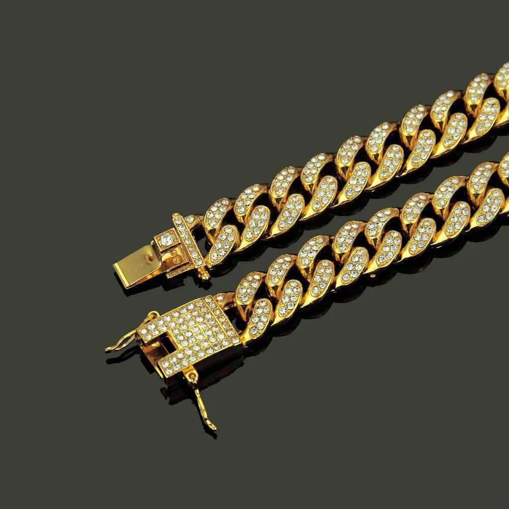 Strängar HNSP Luxury All Zircon 13mm Cuban Chain Mens Necklace Hip Hop Halsband Mens smycken Tillbehör 240424