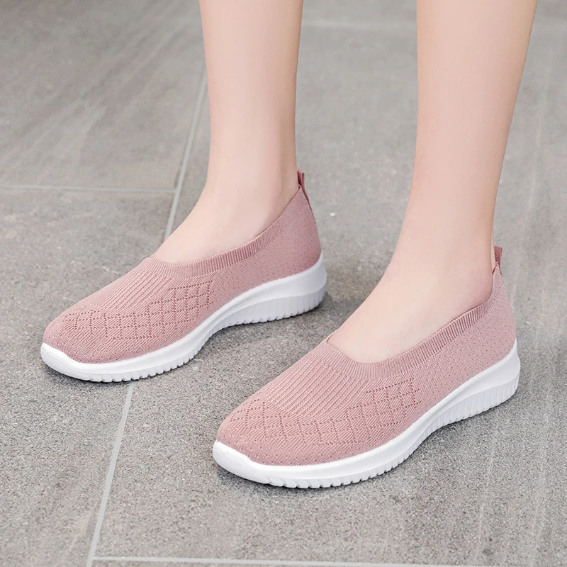 Boots Women Flats Ballet Breathable Knitted V Square Toe Moccasins Thick Heels Mixed Color Flat Ballerina Pregnant Stretchy Loafers 42