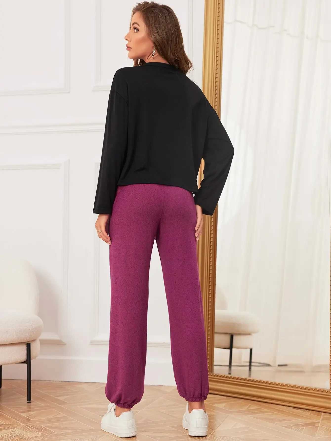 Ropa de sueño para mujeres Sólidos sólidos colas de pijama longitudes largas pantalones de longitud completa 2 piezas slpwear scroop cuello femenino nocturna Homwear Y240426