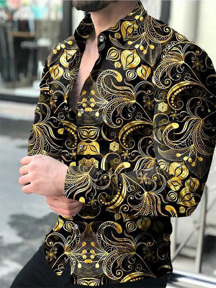 0H6B Men's Casual Shirts Hawaiian Shirts Luxury Golden Graphic Shirts Men Fashion Shirt Long Sleeve Cuba Lapel Beach Blouse Men Clothing Turn Over 240424