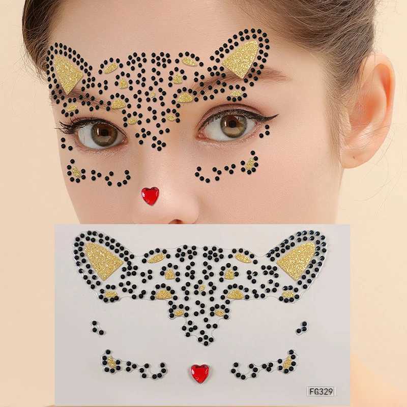 Tatuaż transfer Śliczny kot 3D akrylowy rhinestone twarz naklejka maskarada impreza twarz dekoracja makijażu Tymczasowe tatuaż malowanie twarzy Dekale 240426