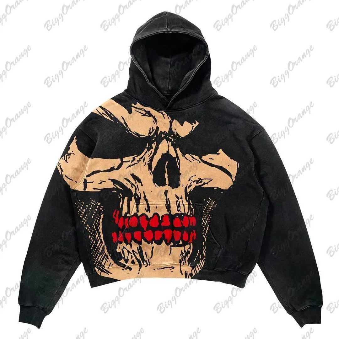 Herren Hoodies Sweatshirts Y2k New Dark Oversize Hoodie Skull Print High Strt Hip-Hop Retro-Design-Mantel verdickte obere Sudaderas Para Mujer Harajuku H240425