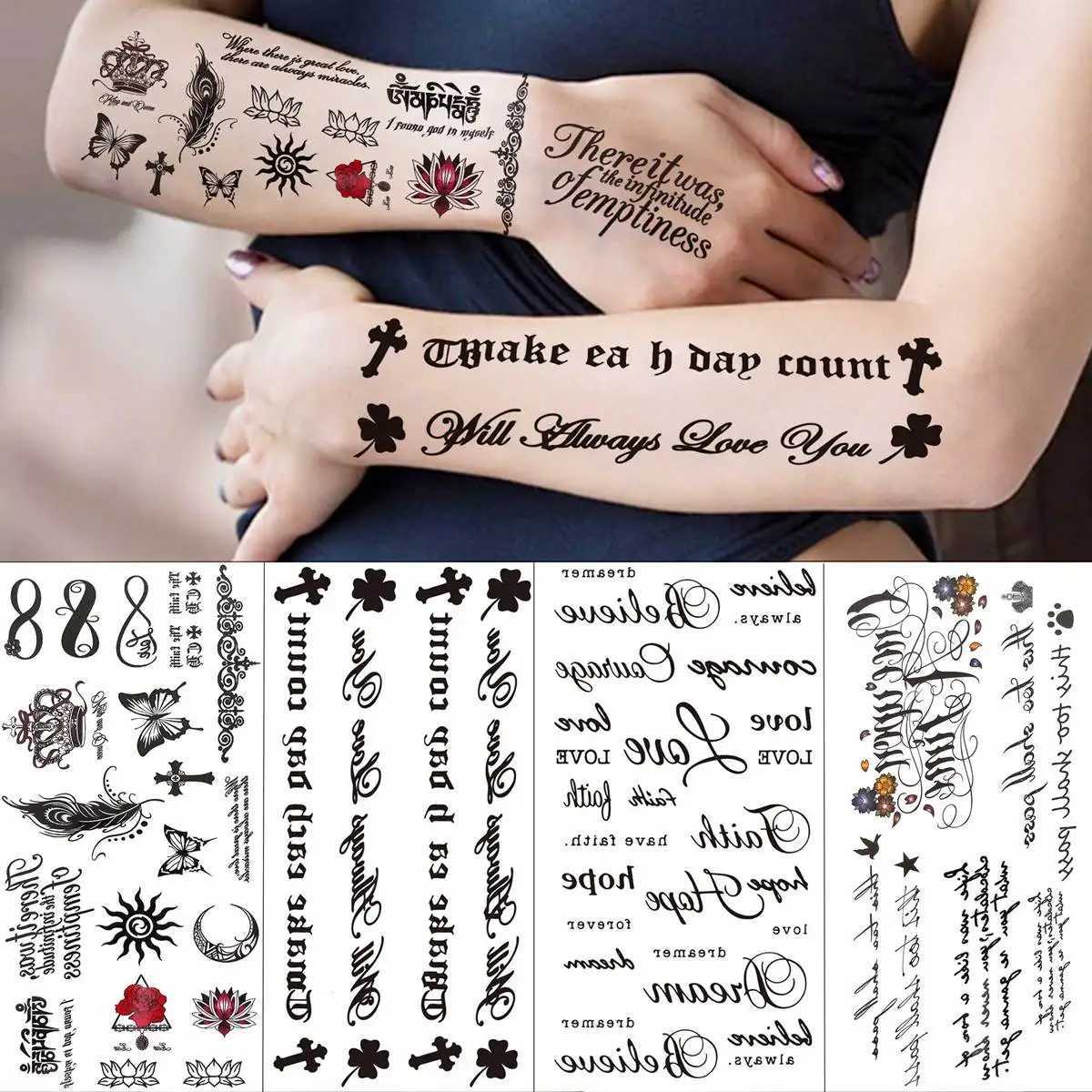 Transfert de tatouage 18 feuilles Inspirational Quotes Mots Tatouages temporaires pour adultes lettre noire faux tatouage petit oiseaux ECG Infinity tatoos pâte 240426