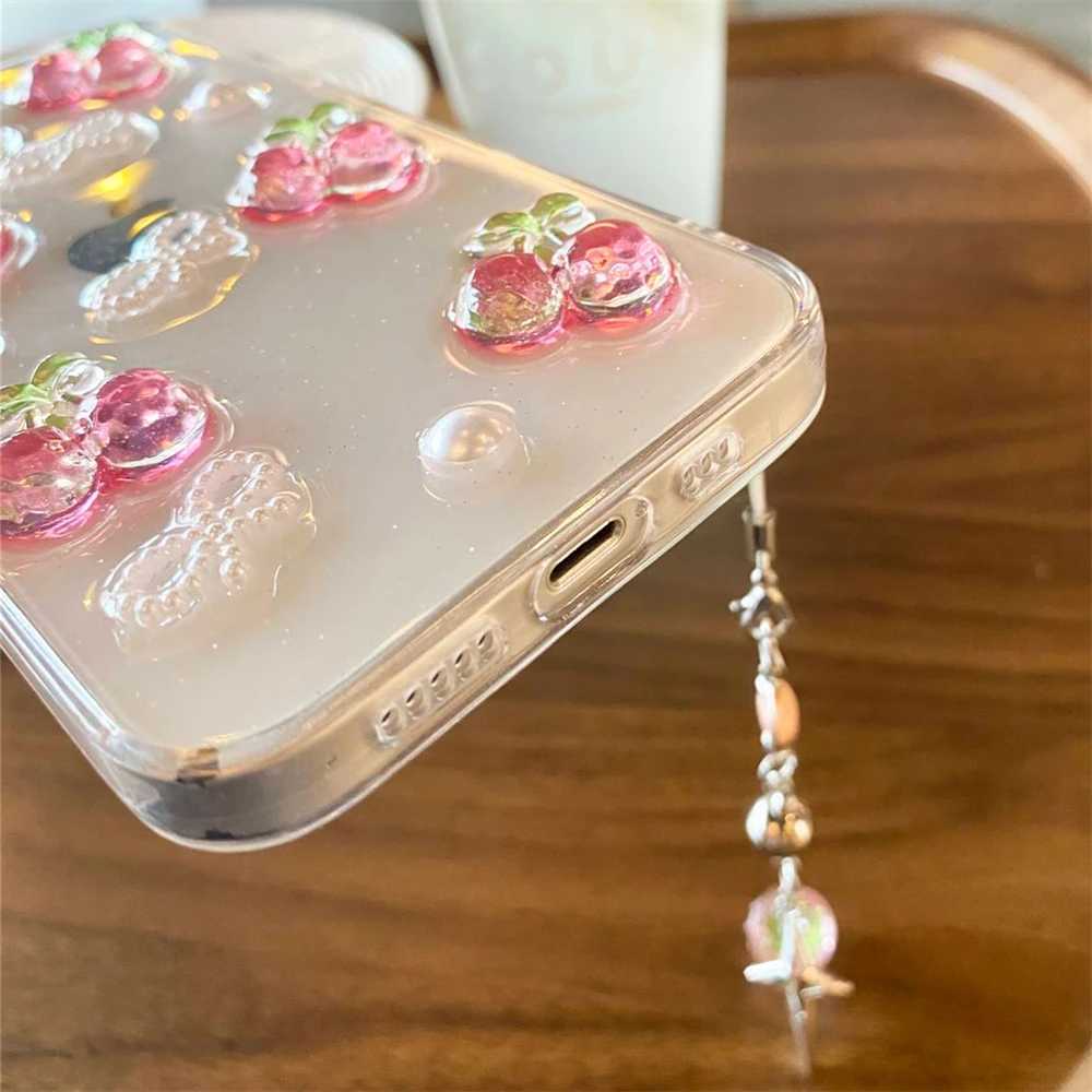 Case di telefonia cellulare Cute 3D Cherry Pearl Bow Strawberry Sust Soft Shell Adatto iPhone 15 14 Pro Max 13 12 11 Xs XS XR Mini Shock Transparent Shock Cap J240426