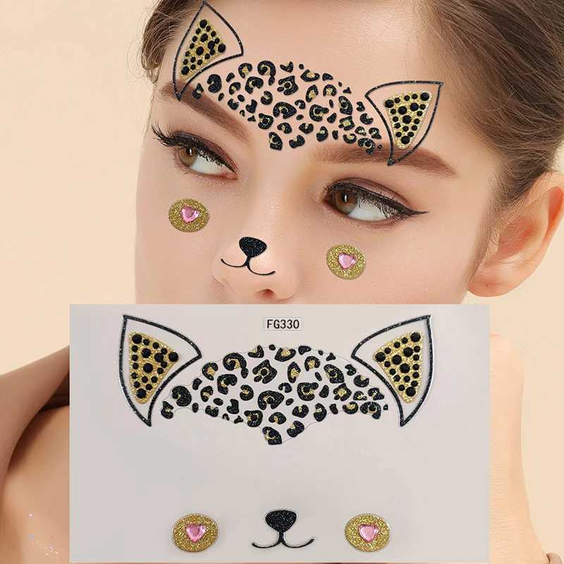 Transfert de tatouage 3D Autocollant de forage acrylique Autocollants pour visage de chat mignon décoration du visage de la fête de la fête diamant