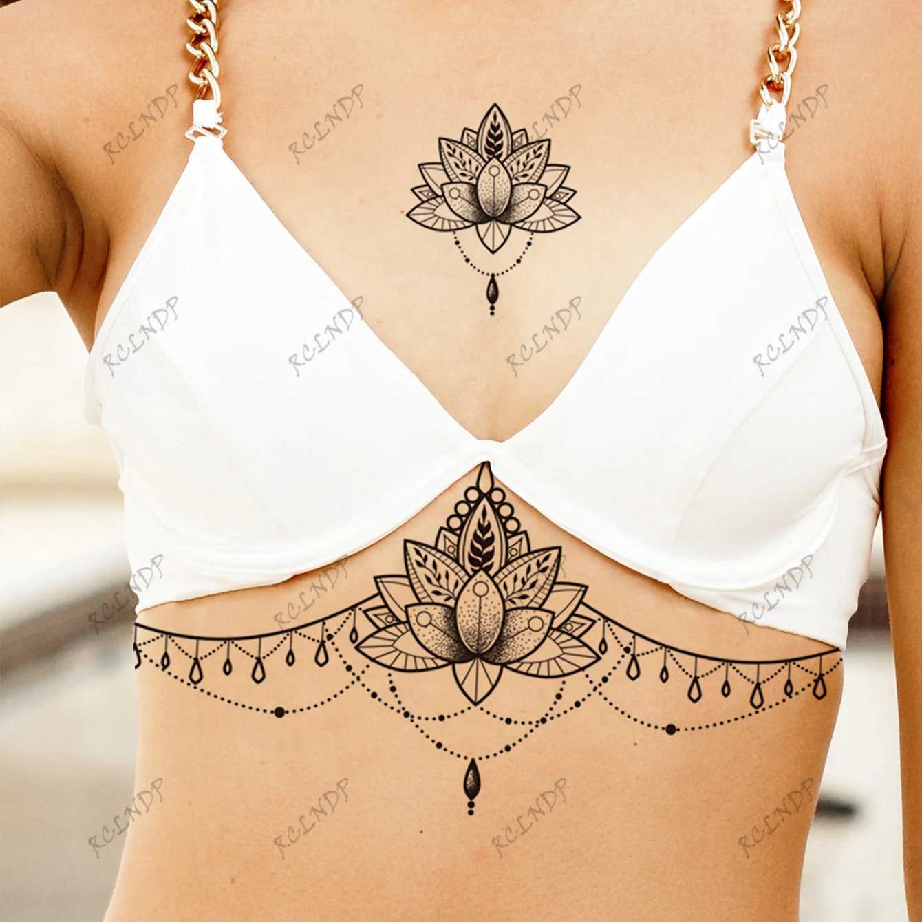 Tattoo Transfer Waterproof tillfällig tatuering klistermärke Flower Geometric Mönster Fake Tatto Flash Tatoo Chest Tato for Girl Women 240426