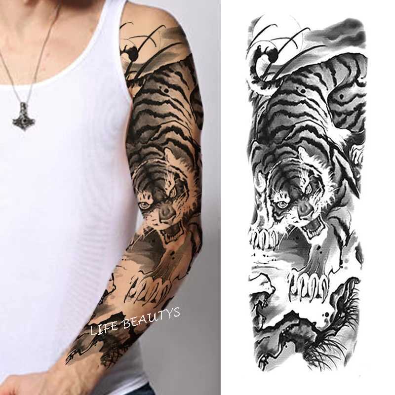 Trasferimento tatuatore impermeabile a braccio pieno full braccio temporaneo adesivo tatuaggio tigre leone lupo occhio uomo manicotto arte body art flash spalla falsa tatoo 240427