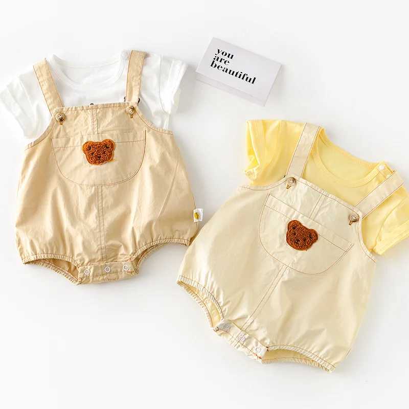 Tahsiller Yaz Bebek Bodysuits Toddler Kız Erkek Bir Parçalı Ayı Nakış Giysileri H240509