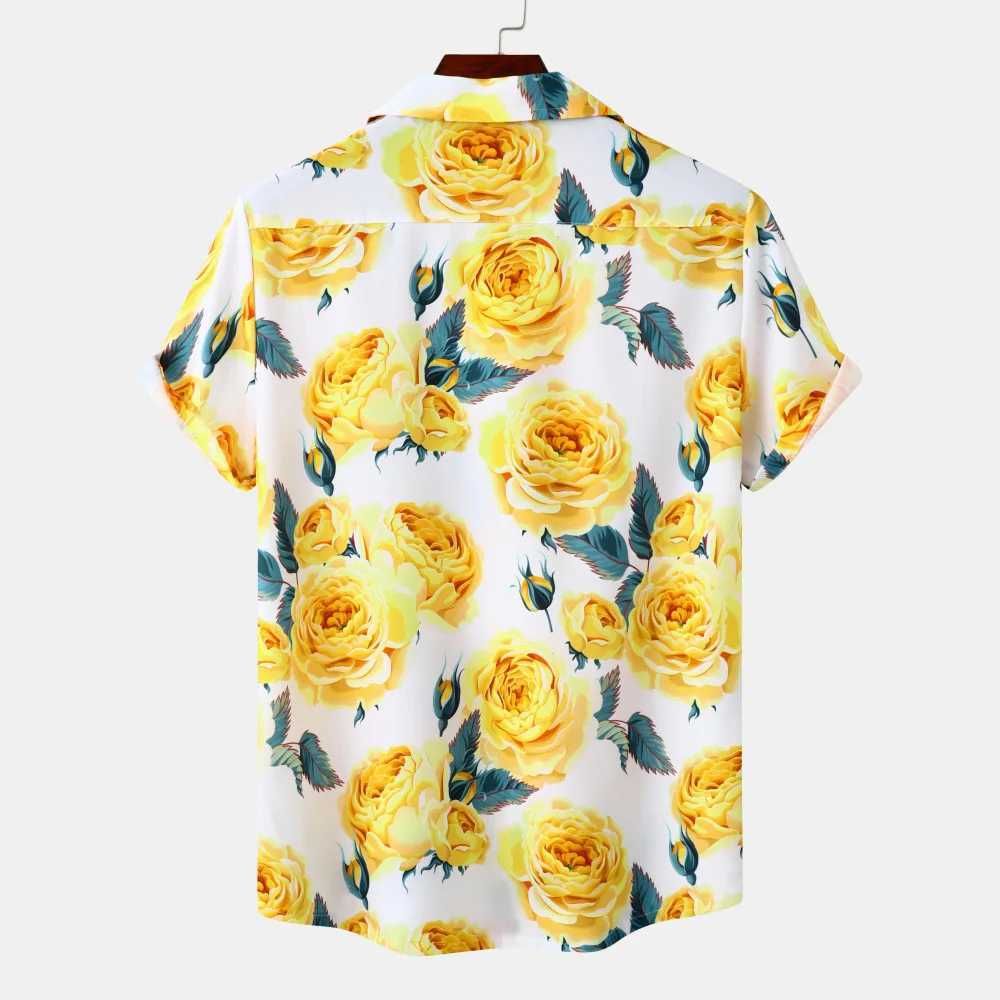 Camisas casuais masculinas team amarelo amarelo estampa floral camisa havaiana Homem 2023 verão nova manga curta praia aloha camisetas homens roupas férias de férias 240424