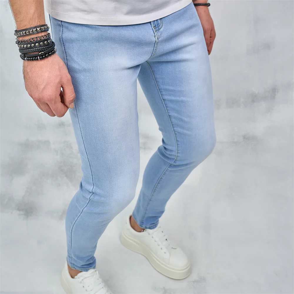 Mäns jeans street kläder herrar enkel stil solida täta jeans med bästa kvalitet herr jogging casual blyerts jeansl2404