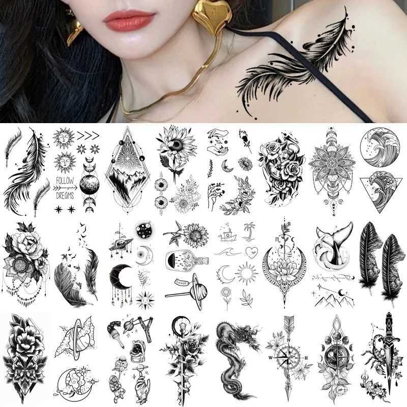 Tattoo Transfer Waterproof Temporary Tattoo Sticker Feather Clavicle Ankle Flash Tatto Dragon Snake Flowers Body Art Arm Fake Sleeve Tatoo Women 240426