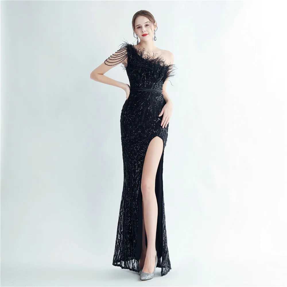 Runway Dresses Yidingzs Elegant Slash Neck Feather Sequin Evening Dress Women Beading Long Party Maxi Dress Y240426