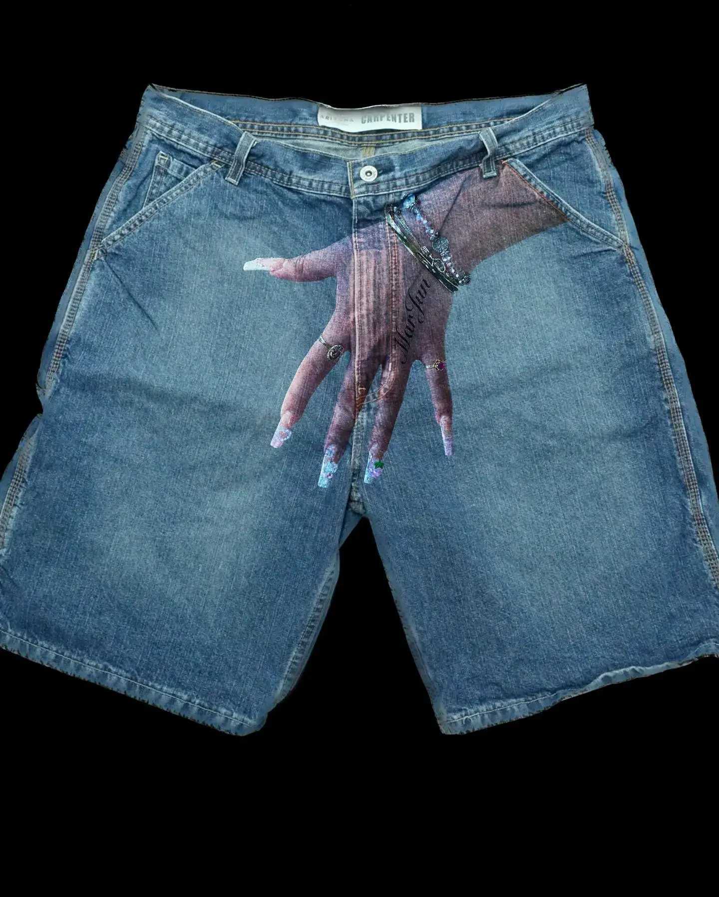 Herrshorts harajuku hiphop y2k byxor herr grafisk tryck retro blå baggy denim gymnt nya gotiska svettbyxor basket h240425