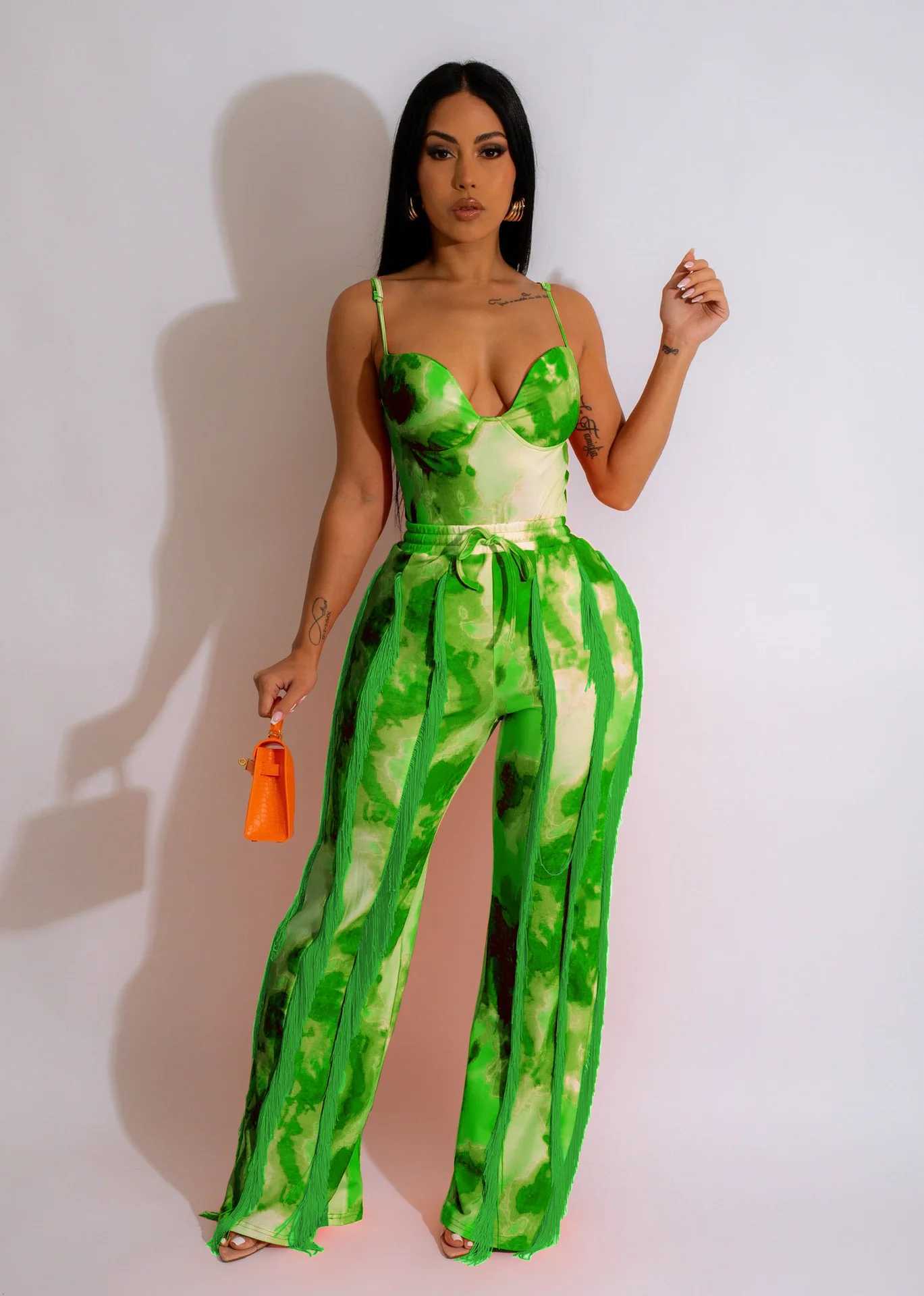 Women's Two Piece Pants Summer Fashion Tie Dye Printing Two Piece Set Women Sexy Strap Top Tassel Pants Two Piece Set Women Y240426