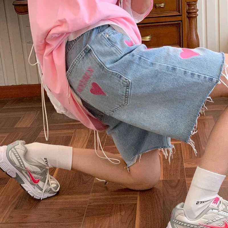 Kvinnors shorts gidyq kvinnor hög midja denim shorts koreansk mode kärlek broderade breda ben byxor kvinnor skjorta tassel lösa jeans nya y240425