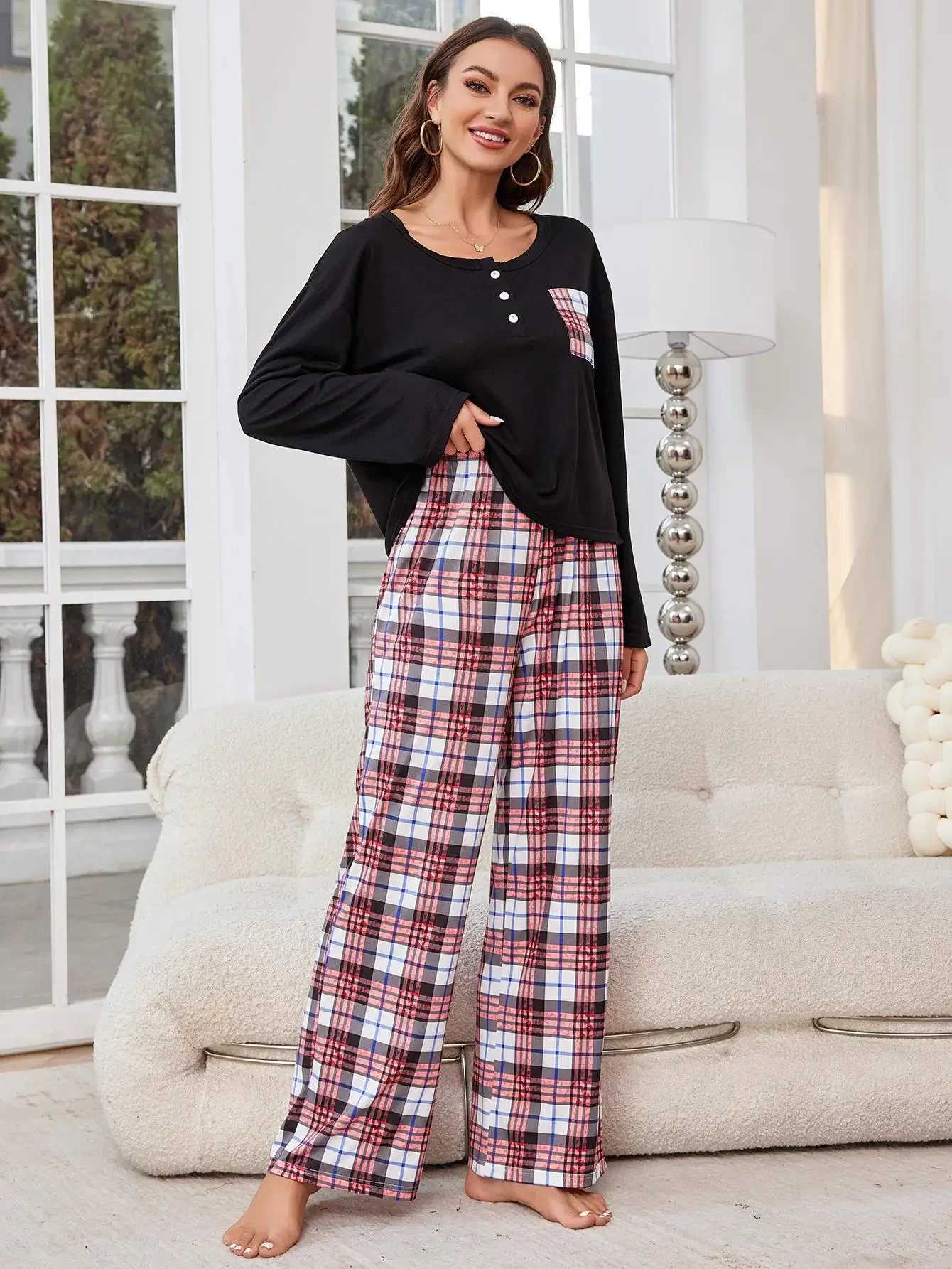 Kobietowa odzież sutowa z przodu przycisk Kobiety Pajama Zestawy Paja Piżama Scves Szyjka górna Pełna długość Plaid Pants Kobieta 2 sztuki SLPEAR na sprężynowy jesień Y240426