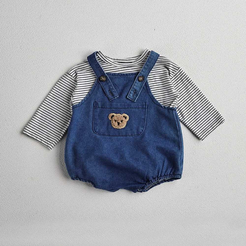 Kleidungssets 2024 Sommer Cooles Kleinkind Baby Kleidung Set für neugeborene Mädchen gestreiftes T-Shirt und Denim-BodySuits Overalls Jungen Anzüge H240426