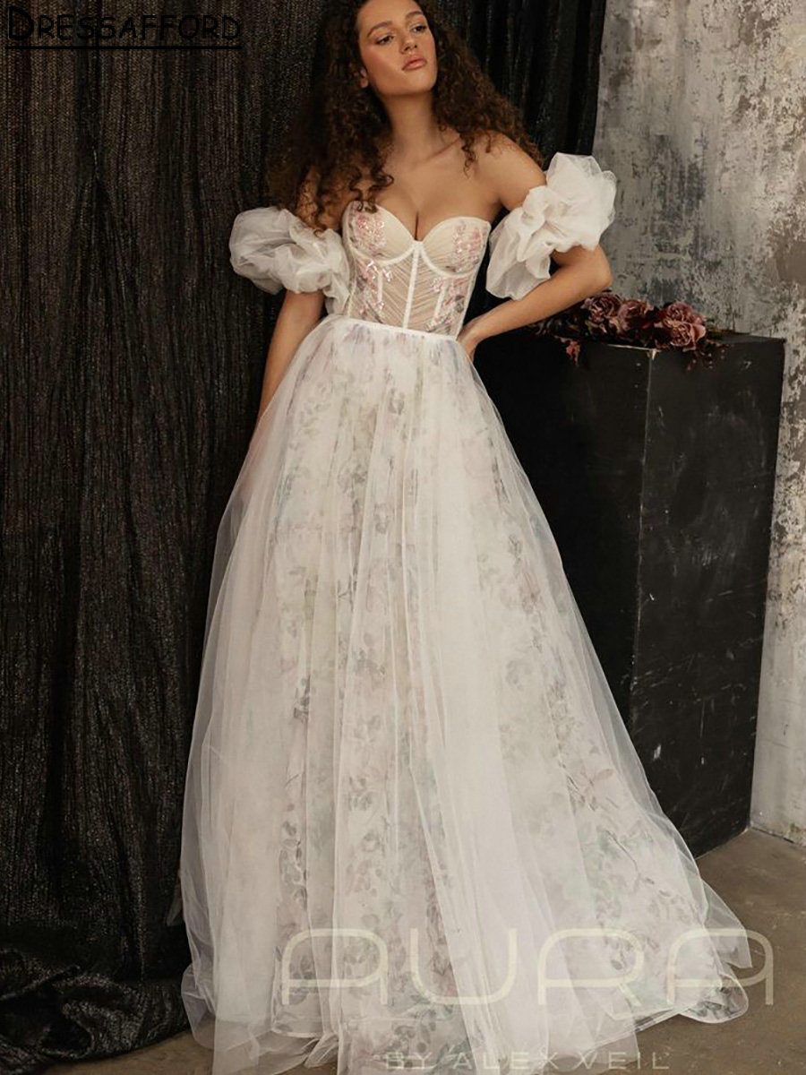 ロマンチックな恋人プリーツAラインウェディングドレス取り外し可能な袖の花の印刷ブライダルガウン
