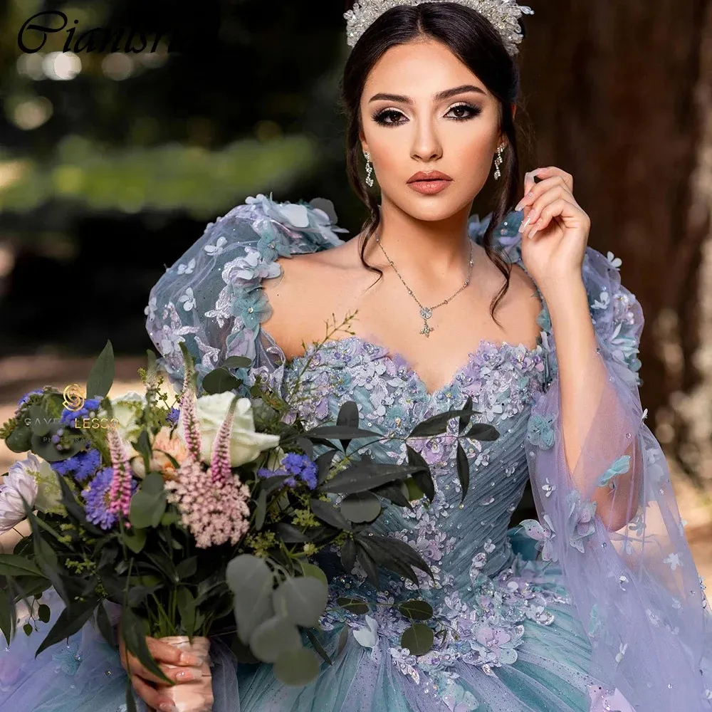 Duman Mavi Çıkarılabilir Kollu Boncuk Bead Ball Roow quinceanera Omuzdan 3D Çiçekler Pleat Corset Vestidos de 15 Anos