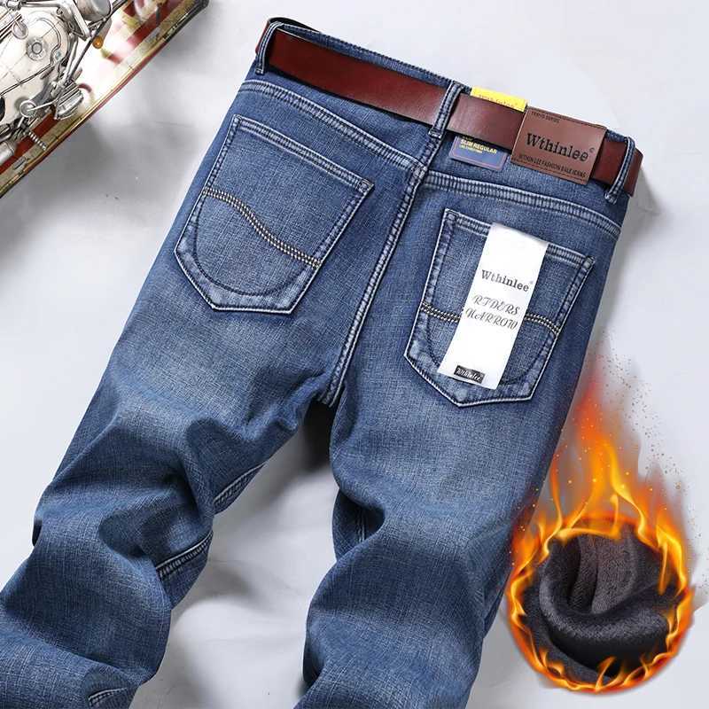 Heren jeans winter warme flanel elastische jeans voor heren winter hoge kwaliteit beroemde merk wollen broek rechte band jeansl2404